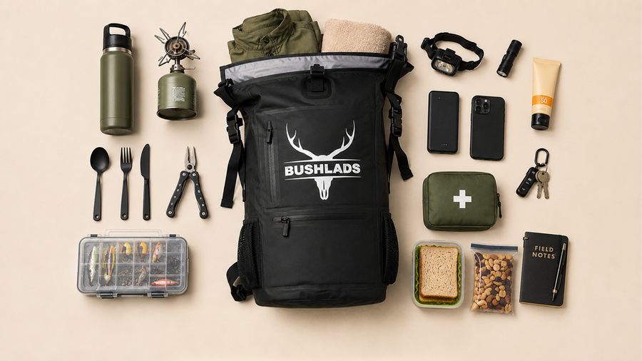 Bushlads backpack surrounded by its full kit: thermos, knife, multi-tool, cookware and accessories