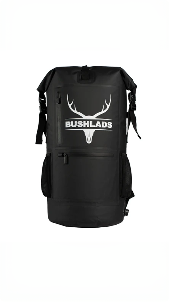 A black waterproof roll-top backpack with a white printed deer skull and antler logo and the brand name 'BUSHLADS' on the front, shown against a plain white background.