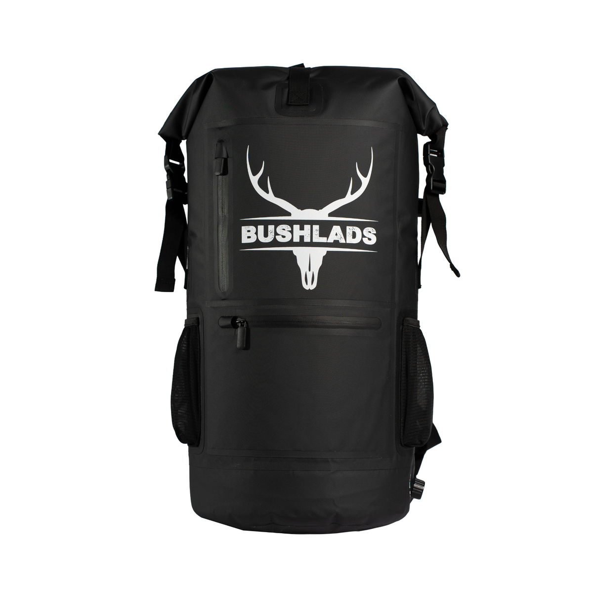 Bushlads 35L insulated backpack in black, front view with roll-top closed