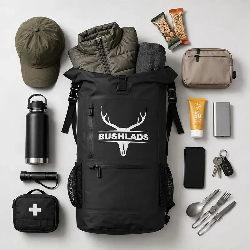 Bushlads 35L backpack laid flat with a thermos, knife and camp tools