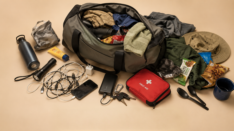 A packed duffel bag surrounded by outdoor and emergency preparedness items on a beige background, including a red first aid kit, water bottle, flashlight, phone, keys, snacks, clothing, and utensils.