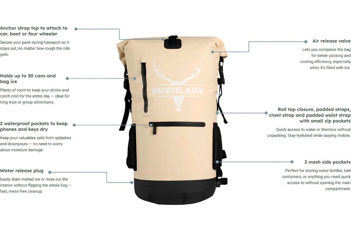 A black inflatable travel cooler bag with white branding and multiple callout lines with text labels explaining features, shown on a white background.