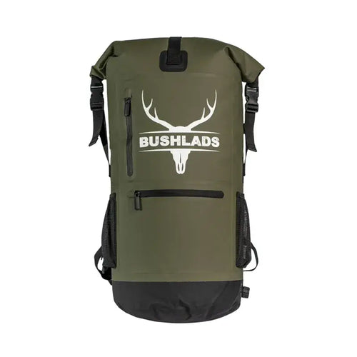 An olive green waterproof roll-top backpack with a black bottom panel and a white printed 'BUSHLADS' deer skull logo on the front, shown against a plain white background.