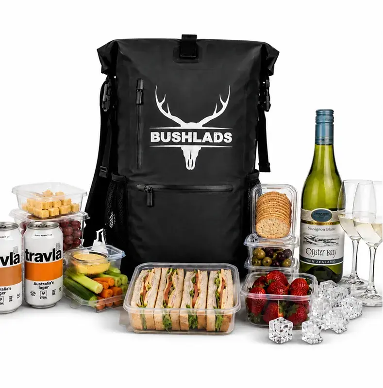 Bushlads pack packed for a picnic with wine, cheese and glassware